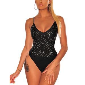 Studded Bodysuit Sleeveless V Neck Jumpsuit, SZ L, 4J-147T004